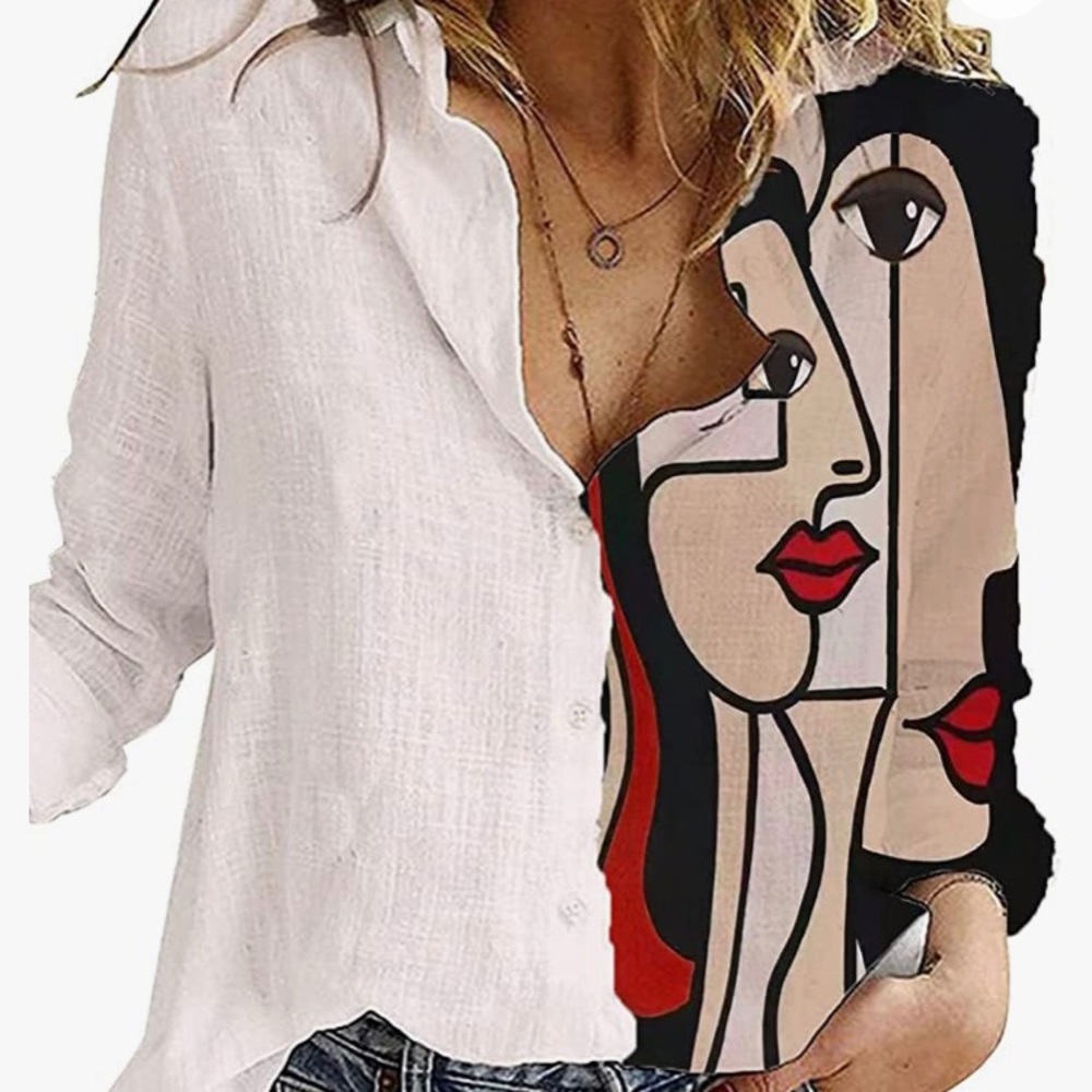 Womens Long Sleeve Casual Button Down Shirts Slub. Picasso print. Never worn.